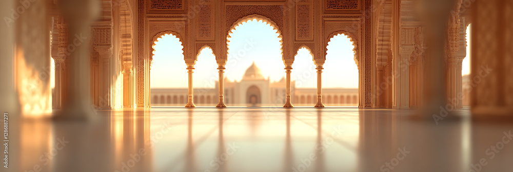 Poster elegant arches frame a distant building, bathed in soft sunlight. ornate details and reflections cre