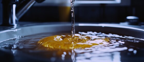 Water flows into a basin, creating ripples with a golden hue, under soft light, suggesting purity and transformation.