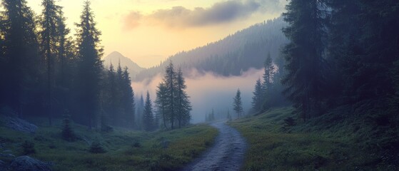 Misty mountain path at sunrise, hemmed by towering pines, invites quiet contemplation amid nature’s awe-inspiring beauty.