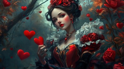 Queen of Hearts in red and black attire, surrounded by floating hearts and roses, whimsical forest