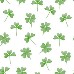 Fototapeta premium Watercolor seamless pattern with illustration of green clover leaves. St. Patrick's Day. Perfect for craft projects, paper products, party decorations, printable, greetings cards, posters.