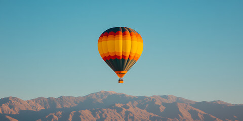Hot air balloon floats peacefully in the sky, against the backdrop of rugged mountains. The vibrant colors of balloon contrast with blue backdrop.