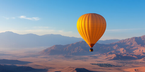 Soaring High: A vibrant hot air balloon drifts serenely over a vast desert landscape, set against a backdrop of majestic mountains and a clear sky.