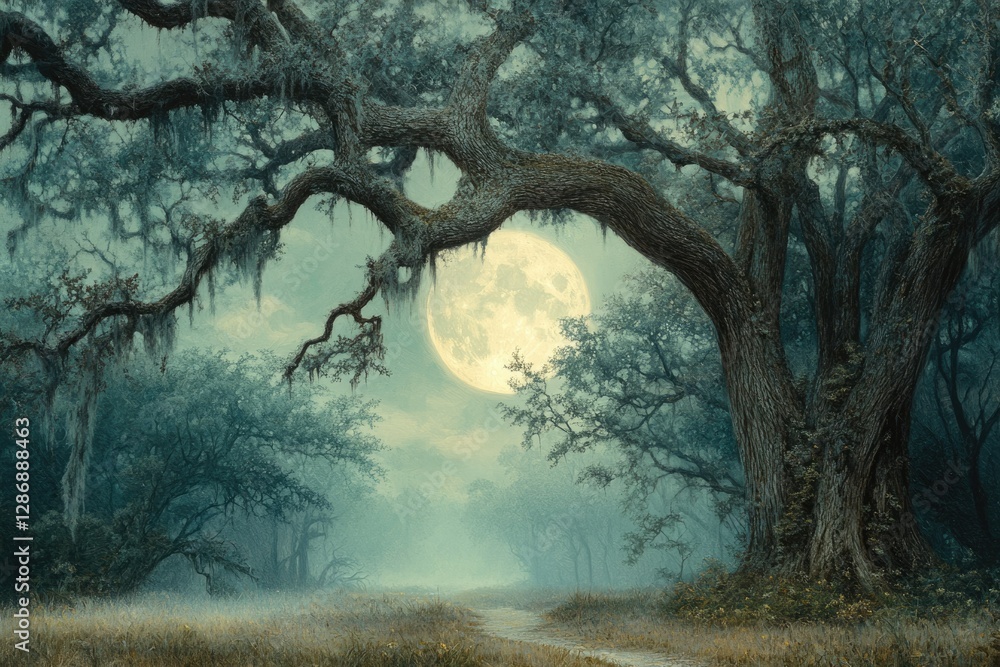 Poster enigmatic full moon illuminates a mystical path through a fog-laden forest of ancient, moss-draped o