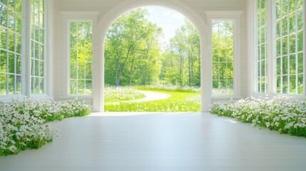Sunlit conservatory, garden view, daisies, spring