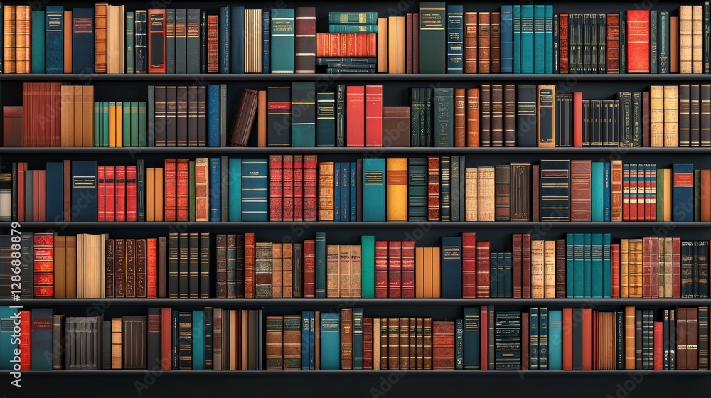 Poster a vibrant collection of colorful books neatly arranged on a bookshelf, showcasing various sizes and 