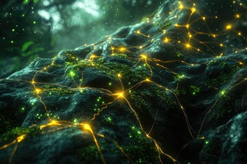 Glowing network of golden lines on a mossy, dark green rock surface, resembling a magical, bioluminescent landscape.