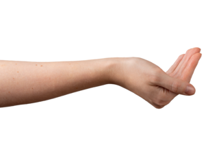Female hand in a cup-shaped gesture, fingers slightly curved and thumb extended as if beckoning or inviting someone closer. Symbolizing request, offering, or calling. Side view, isolated on white