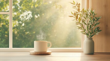 Fototapeta premium Serene morning scene featuring a steaming cup of coffee and a potted plant by a sunlit window, creating a cozy and inviting atmosphere.
