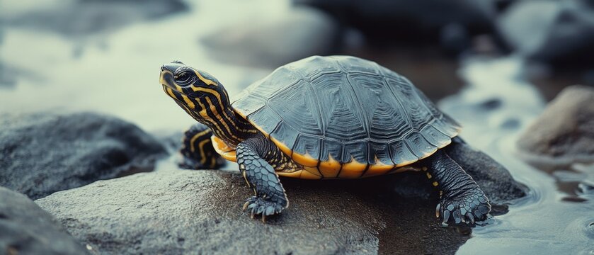 A turtle rests on wet rocks by a tranquil water body, its shell decorated with vibrant, intricate patterns.