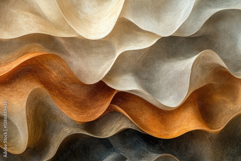 Poster abstract image of layered, wavy fabrics in earth tones, creating a flowing, textured pattern.