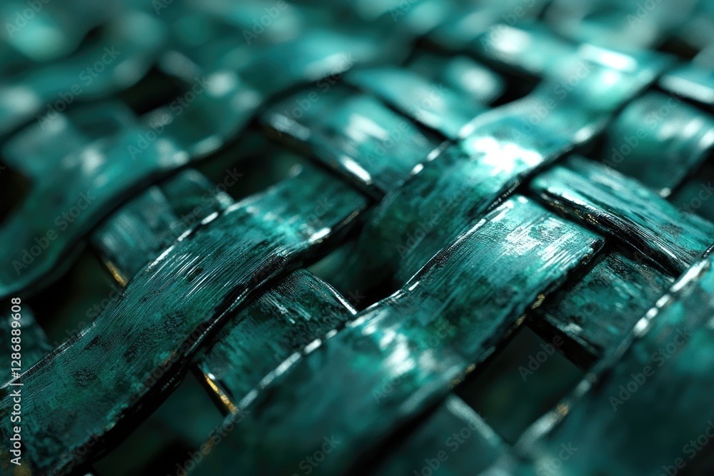 Poster close-up of a teal woven texture, intricate details showing a complex, interwoven pattern.