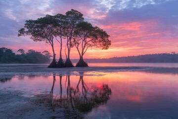 Serene Sunrise Over Mangrove Trees Reflecting In Calm Water