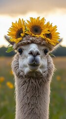 Obraz premium Adorable alpaca wearing a sunflower crown in a field. A heartwarming summer scene.