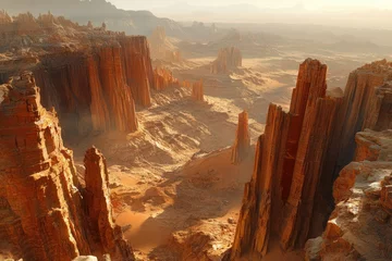 Gardinen A breathtaking panoramic view of a vast, sun-drenched desert canyon with towering sandstone formations. © Vibu design  gallery
