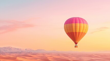 Obraz premium A colorful hot air balloon floats above serene landscapes during a beautiful sunset, creating a picturesque and tranquil scene.
