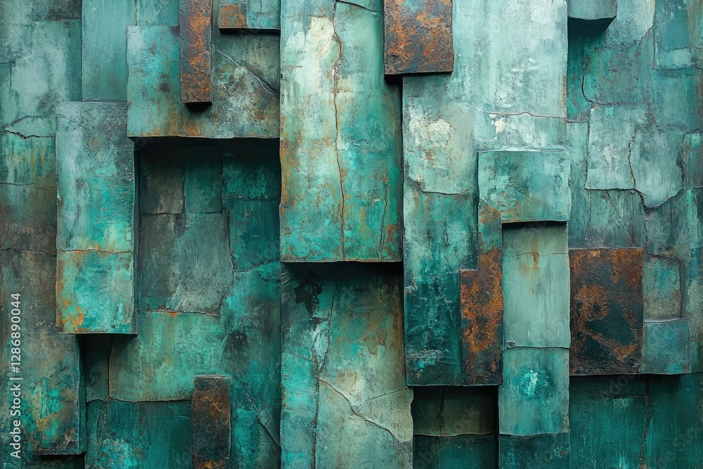 Poster abstract teal and rust colored rectangular blocks forming a textured wall.