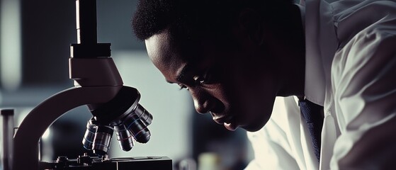 A focused scientist peers into a microscope, revealing a moment of discovery and concentration in the lab.