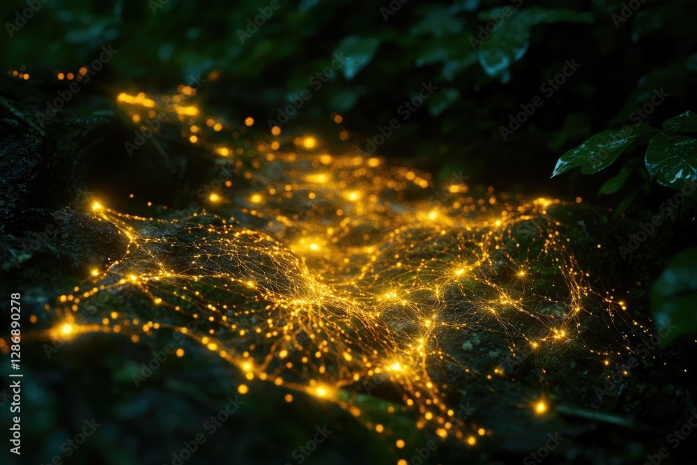 Poster glowing network of lights illuminating a dark, mossy surface in a mysterious forest setting.
