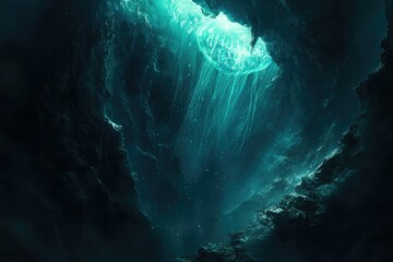 Obraz premium Ethereal bioluminescent jellyfish illuminates a dark, underwater cavern, creating a mystical and serene scene.