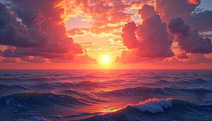 Dramatic Ocean Sunset with Vibrant Clouds and Rolling Waves
