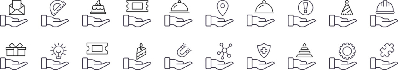 Helmet, Food, Mail etc on Hand Line Icon Collection. Outline Signs for Graphic and Web Design, Apps, Adverts, Various Cards