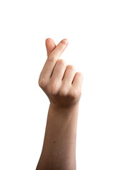 Female hand making a Korean heart gesture with thumb and index finger forming a tiny heart shape....