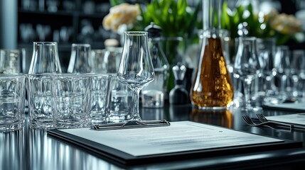 Obraz premium Elegant glassware and documents on a dark table in a gourmet shop