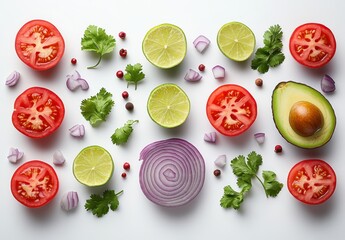 Fresh Ingredients for Healthy Cooking with Colorful Vegetables, Fruits, and Herbs Arranged on a White Surface for Culinary Inspiration