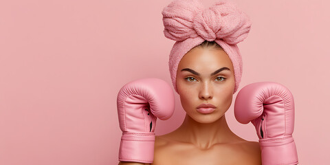 Determined woman with pink boxing gloves and a towel wrapped around her head strikes a pose against a matching pink backdrop. Confident, empowered.