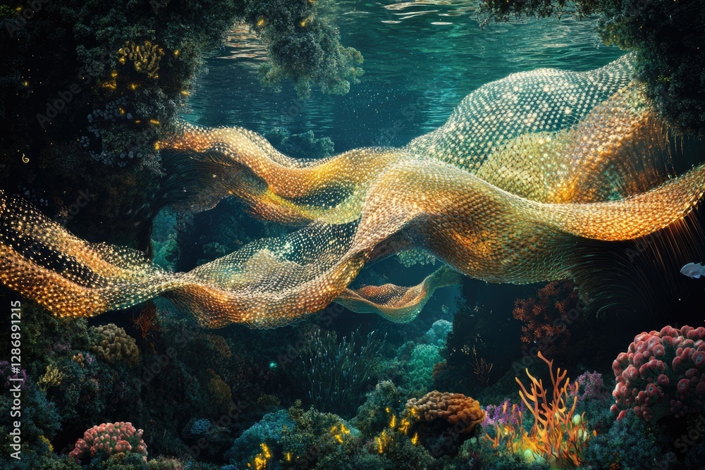 Poster luminous golden net drapes over vibrant underwater coral reef, creating a surreal and magical scene.