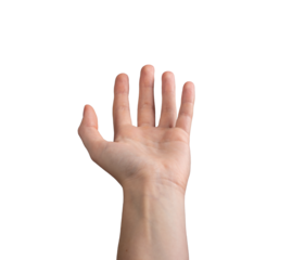 Female hand outstretched with fingers apart, palm open in a reaching or offering gesture. Symbolizing giving, requesting, or seeking help. Left hand, isolated on white background.