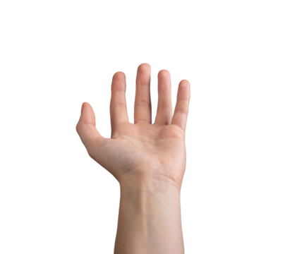 Female hand outstretched with fingers apart, palm open in a reaching or offering gesture. Symbolizing giving, requesting, or seeking help. Left hand, isolated on white background.