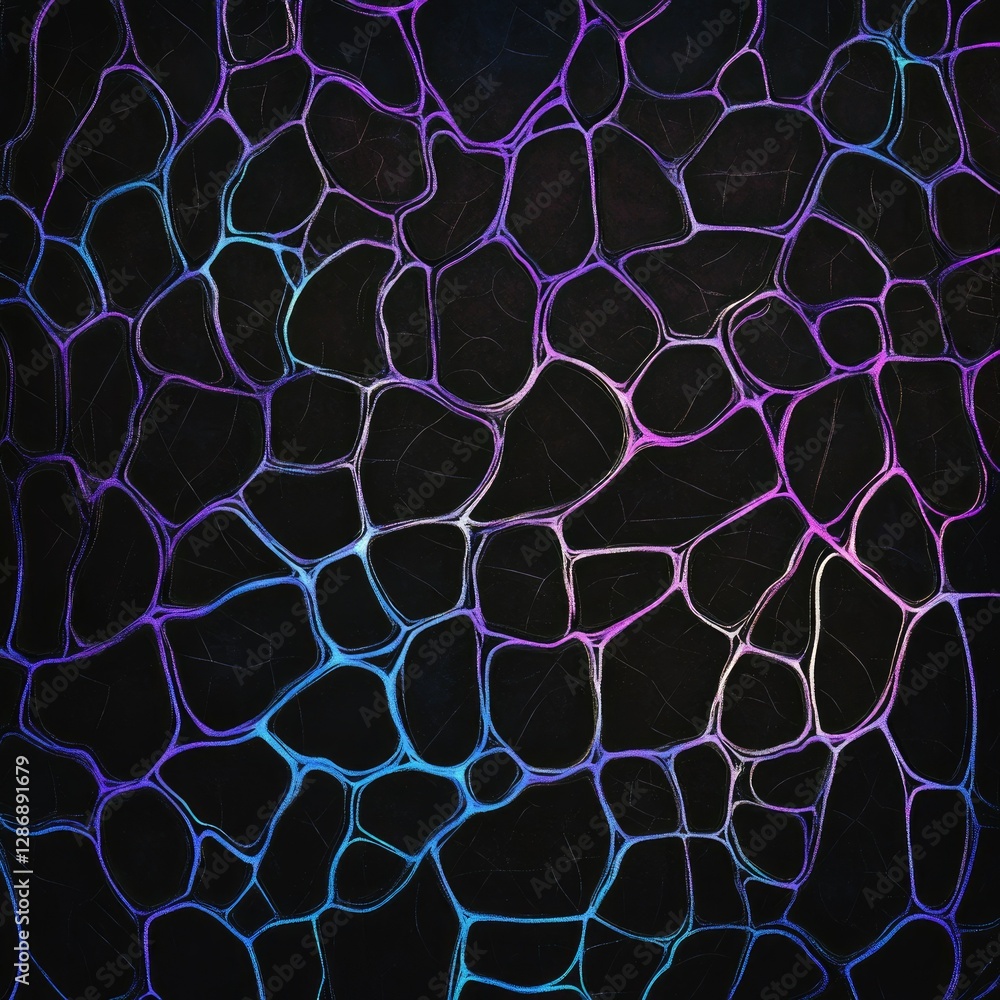 Poster abstract art featuring a network of interconnected, irregular shapes in shades of purple and blue on