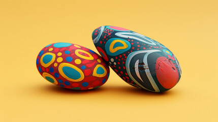 Two vibrantly painted stones with intricate patterns on a yellow background