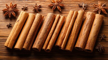 Cinnamon sticks and star anise on a wooden background