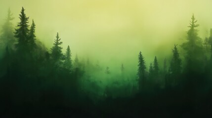 Misty green forest landscape with atmospheric fog and soft gradient hues