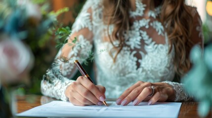 Bride signing wedding documents in a beautifully decorated venue during the ceremony