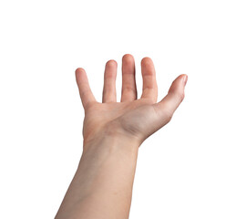 Female hand outstretched with fingers apart, palm open in a reaching or offering gesture....