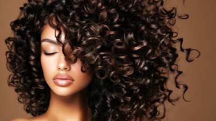 Fototapeta premium A portrait of a woman with stunning dark curly hair, her eyes closed in serene tranquility, set against a warm brown backdrop. Classic beauty.