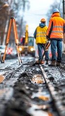 Construction workers laying tracks on a rainy day in an urban environment