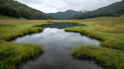 Serene mountain lake reflection, grassy wetlands, cloudy sky
