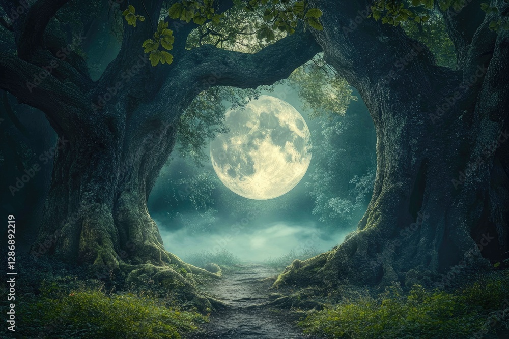 Poster A mystical moonlit path winds through ancient, moss-covered trees in a dreamlike forest.