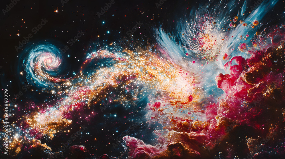 Poster colorful nebula with numerous stars in deep space abstract rendering of celestial phenomena