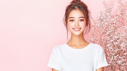 Fototapeta premium A young woman smiles against a soft pink background adorned with floral accents, embodying beauty and confidence.