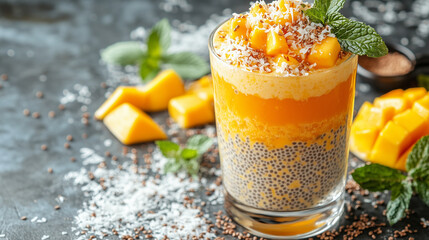 Mango chia pudding in a glass with mint and coconut, on a light background or food blogs, recipe websites, health and wellness blogs, and social media posts related to healthy desserts, vegan/vegetari