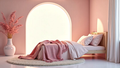 Serene Bedroom Interior Design Pink Room Decor with Arch Window and Soft Bedding