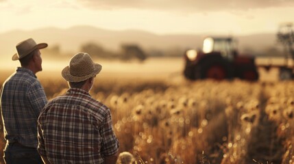 Farmers observing a tractor harvesting crops during sunset in a rural field