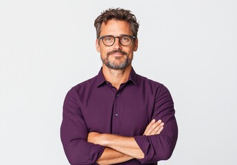 Confident man with glasses, wearing a purple shirt, stands with arms crossed against a neutral background.