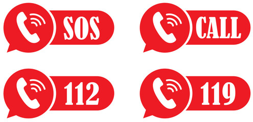 Red emergency phone icons with sos call 112 and 119 symbols for urgent contact helpline assistance and rescue communication.  SOS Emergency icon collection. 119 emergency badge. Call for help sign